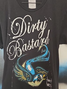 Black 'Dirty Bastard' Graphic Tee with Blue & Yellow Illustration